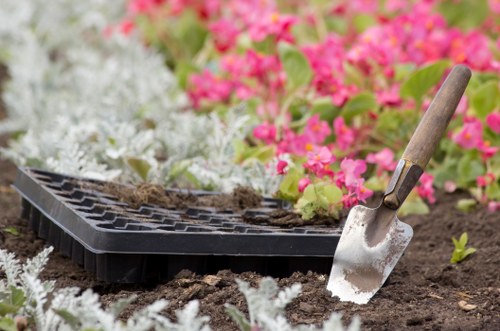 A close-up view of a garden bed with freshly turned soil and a small hand trowel with a wooden handle sticking into the earth. Surrounding the soil are low-growing plants with silver-green foliage, contrasting with higher, vibrant pink flowering plants in the background. The garden appears well-maintained, with a black plastic grid or tray resting on the soil for planting or weed control. The scene is outdoors, set in a landscaped garden with a mix of flowering and foliage plants, likely part of a residential garden in the Brent Cross area. The lighting suggests a bright day with natural daylight illuminating the various textures and colours of the garden elements. This image reflects typical garden maintenance activities such as planting, weeding, or soil preparation, aligning with professional gardening services offered by Hedge Trimming Brent Cross.